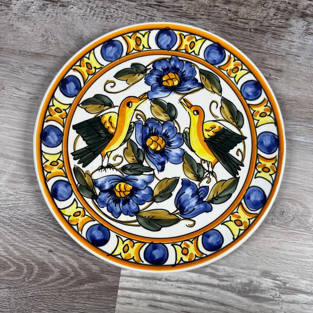 Hand Painted Style Ceramic Plate Blue Floral Bird Italian Wall Hanging Decor